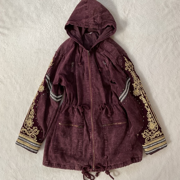 Free People Golden Quills Embroidered Military Parka Jacket Boho Hooded Coat - Picture 2 of 16